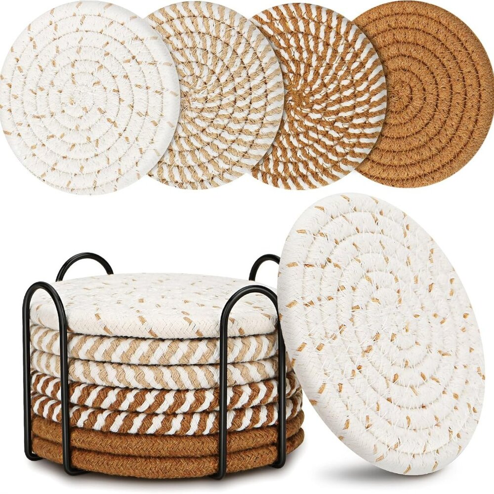 Boho Decor Coasters with Holder‎ Bohemian Rope Farmhouse